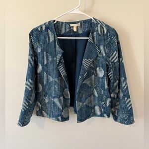 Eileen Fisher Hand Printed Blue Blazer 3/4 Sleeve Size XXS Organic Cotton